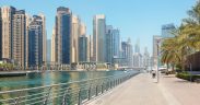 Image showing the Dubai marina with a row of tall luxury apartment building in the background